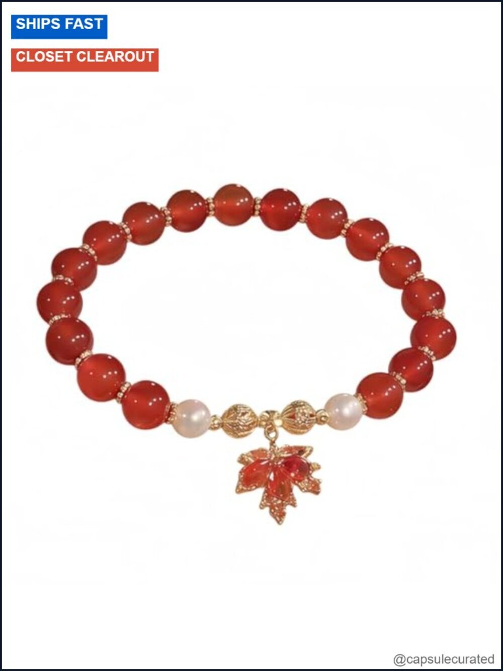 Vintage Red Beaded Stretch Bracelet Maple Leaf Fall Jewelry